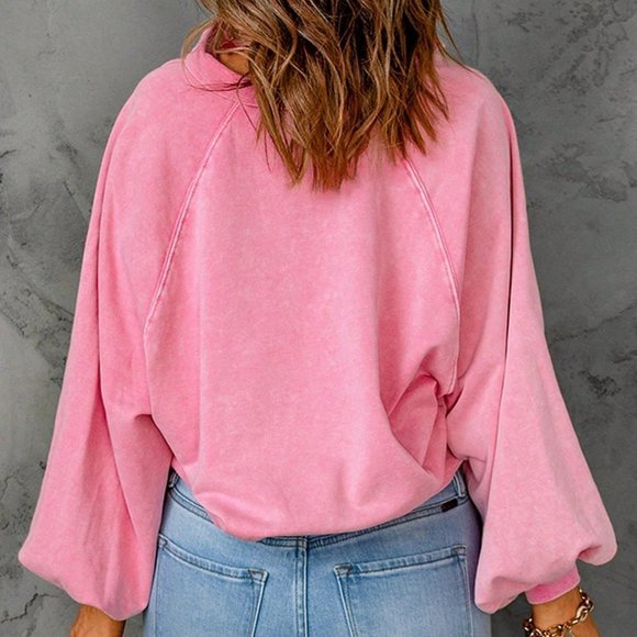 Pink Casual Womens Half Button Raglan Sleeve Sweatshirt - Picture 2 of 5